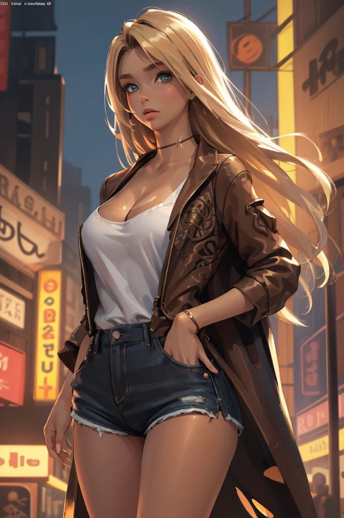 (best quality: 1.2), clean face, (masterpiece: 1.2, 8k)(PureErosFace_V1: 0.7), perfect anatomy, 1girl,a beautiful fashion model ,(masterpiece, official art, best quality) (hazel eyes) ,long and shiny hair, blonde hair with blonde streaks in hair, long hair, full lips, upturned nose ((((tan skin, bronze skin, 1.3)))), big breasts, lifstrangerachel looking at viewer, revealing outfit, absurdity, intricate details, city, dimanic pose, night, neon signs, cinematic lighting, (highly detailed skin: 1.2), wearing
 short shorts and a loose white shirt, cleavage, torn clothes
