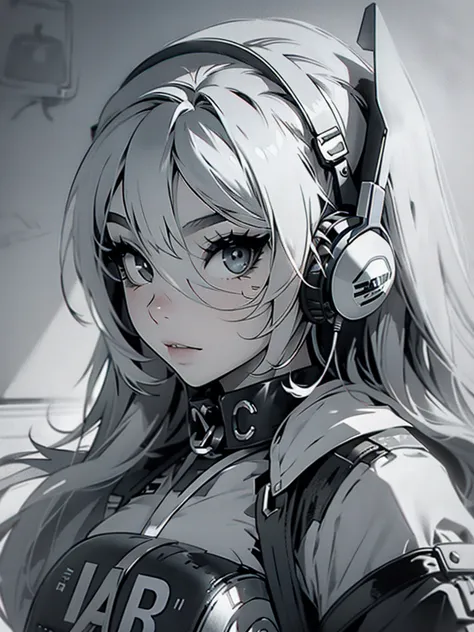 High quality, one girl, close-up, black and white, monochrome, headphones