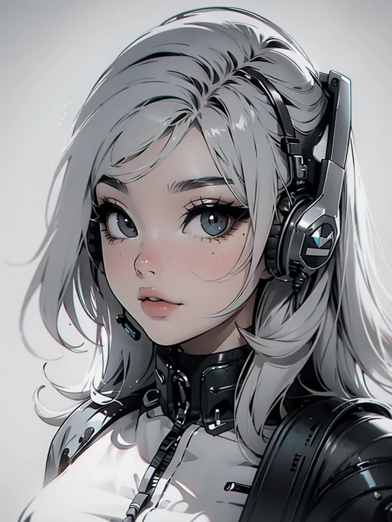 High quality, one girl, close-up, black and white, monochrome, headphones