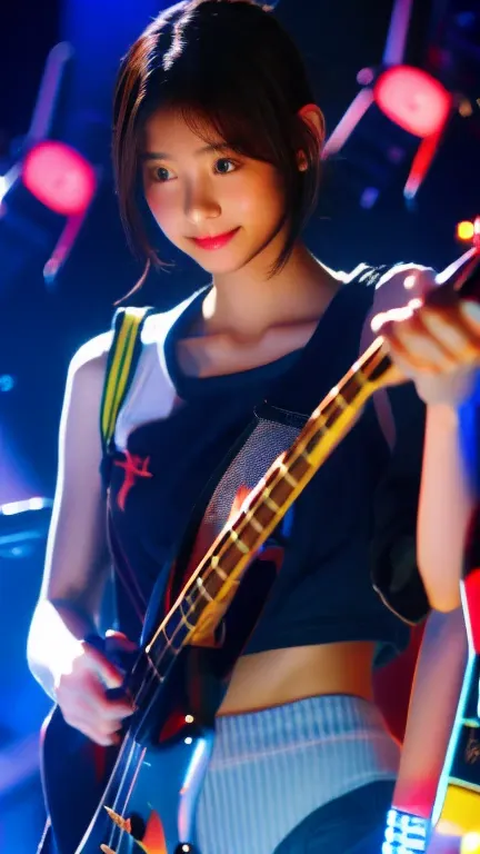 close-up of beautiful korean teenage girl, short hair, wearing crop top, necklace, playing bass, on the stage, cinematic scene, ...