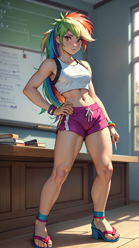 best quality, high quality, a cute girl, solo, rainbow dash, small croptop, spandex shorts, thick thighs, ((open-toe sandal heels, visible feet, highly detailed feet, holding a knife, extra small breasts)), classroom, school, ((4k, masterpiece, high-resolution))