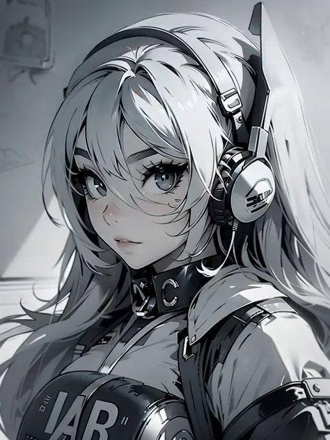 high quality, one girl, close-up, black and white, monochrome, headphones