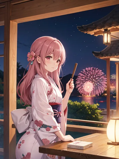 shoko, kimono night in firework ,dusty rose hair, long hair