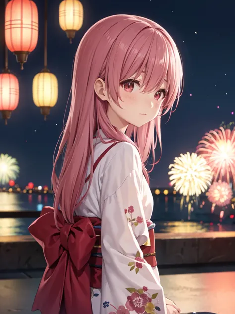 shoko, kimono night in firework ,dusty rose hair, long hair