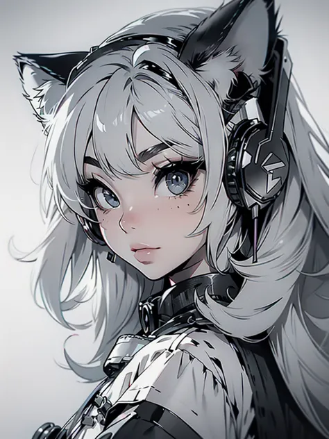 High quality, one girl, close-up, black and white, monochrome, headphones with cat ears
