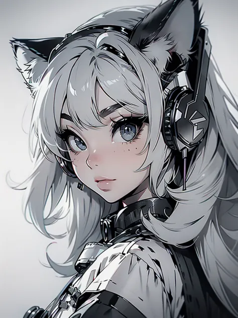 high quality, one girl, close-up, black and white, monochrome, headphones with cat ears