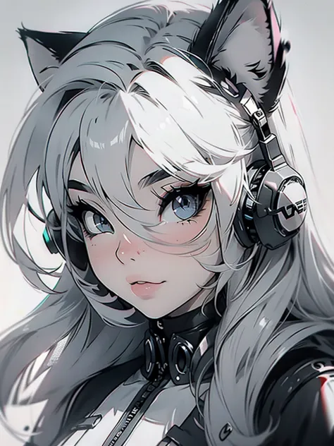 high quality, one girl, close-up, black and white, monochrome, headphones with cat ears