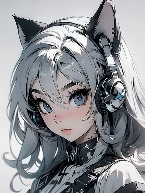 High quality, one girl, close-up, black and white, monochrome, headphones with cat ears