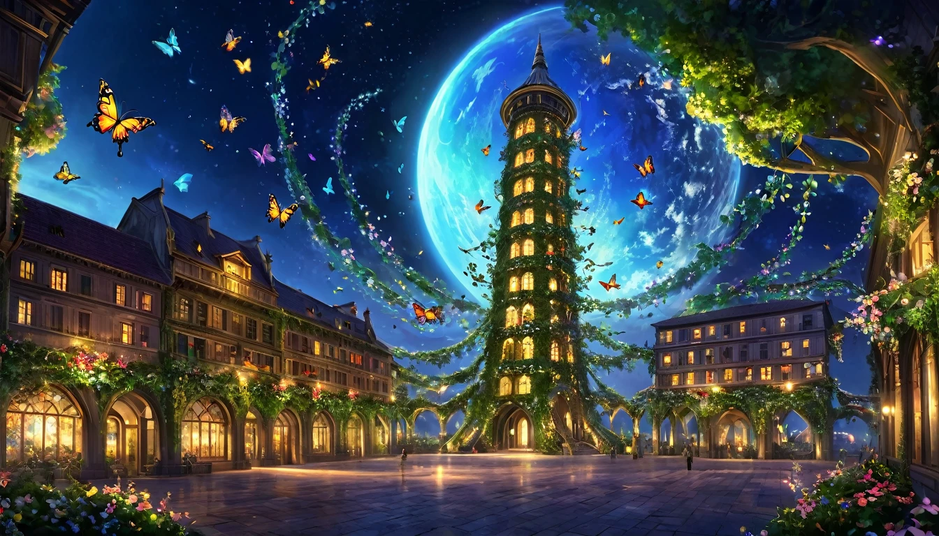 Fantasy art,
 At night, the World Tree Tower is built, which emits a transparent, glowing sap. Around the tower are vines entwined around it, and colorful butterflies and flowers fly through the air.、 The surrounding space itself becomes like a huge closed space., Beautiful light decoration, Wide Shot, Realistic, Epic shots, Detailed Buildings, Detailed colorful butterflies and flowers