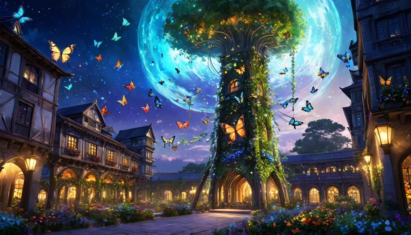 Fantasy art,
 At night, the World Tree Tower is built, which emits a transparent, glowing sap. Around the tower are vines entwined around it, and colorful butterflies and flowers fly through the air.、 The surrounding space itself becomes like a huge closed space., Beautiful light decoration, Wide Shot, Realistic, Epic shots, Detailed Buildings, Detailed colorful butterflies and flowers