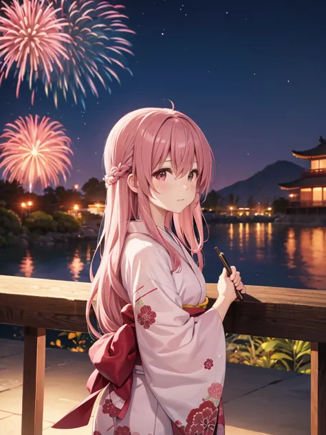 shoko, kimono night in firework ,dusty rose hair, long hair