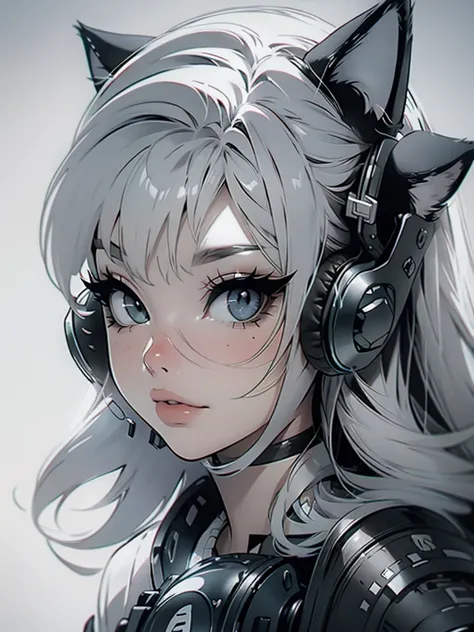 High quality, one girl, close-up, black and white, monochrome, cat headphones