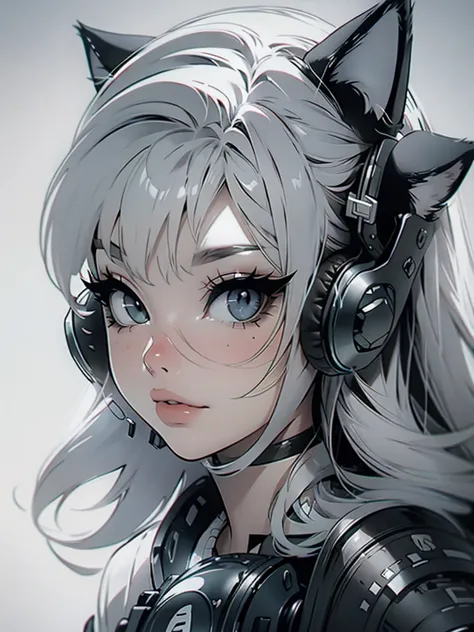 high quality, one girl, close-up, black and white, monochrome, cat headphones