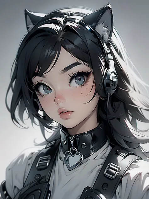 High quality, one girl, close-up, black and white, monochrome, cat headphones