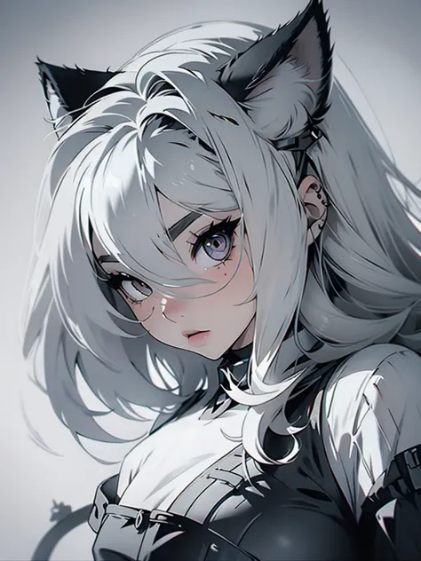 High quality, one girl, close-up, black and white, monochrome, cat ears, white eyes, white hair