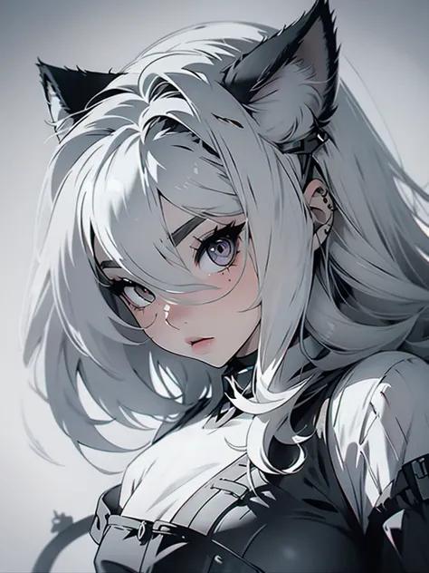 high quality, one girl, close-up, black and white, monochrome, cat ears, white eyes, white hair