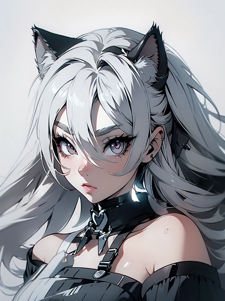 High quality, one girl, close-up, black and white, monochrome, cat ears, white eyes, white hair