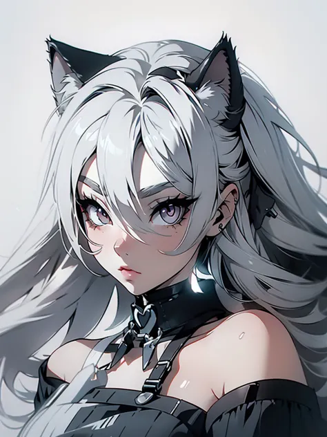 high quality, one girl, close-up, black and white, monochrome, cat ears, white eyes, white hair