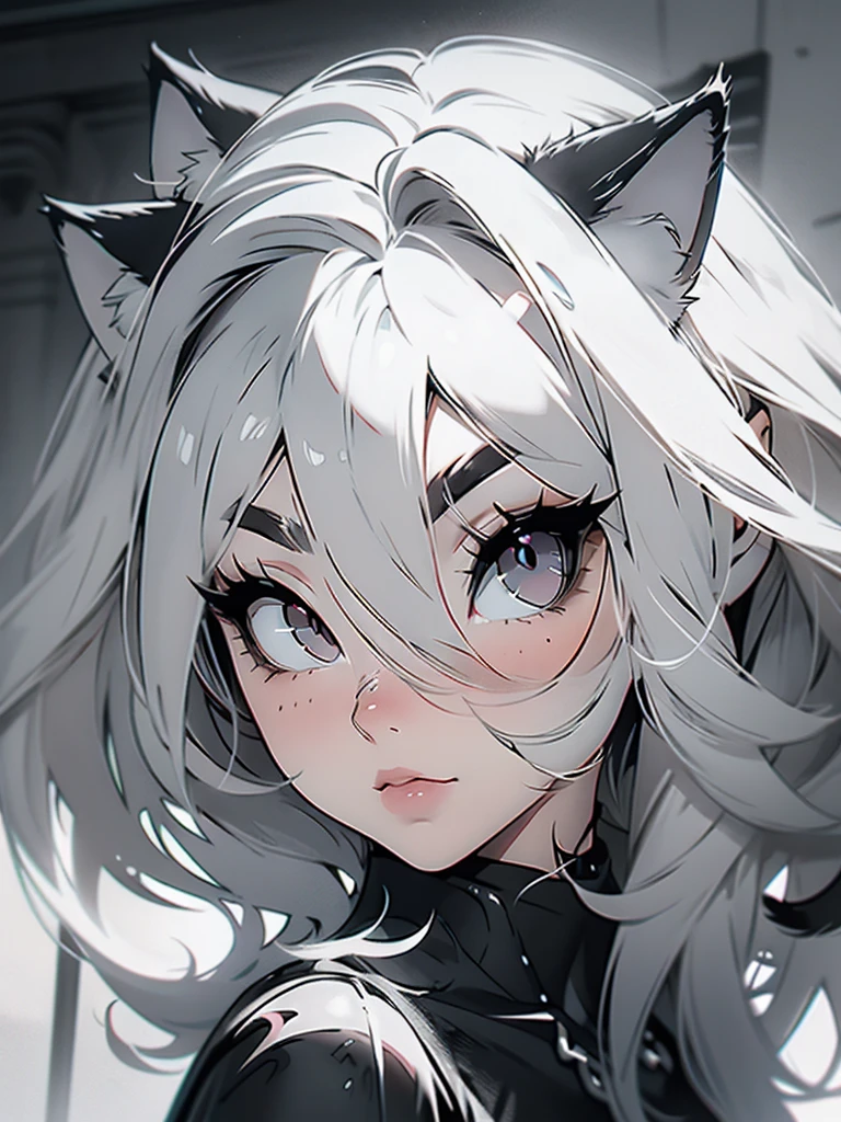 High quality, one girl, close-up, black and white, monochrome, cat ears, white eyes, white hair