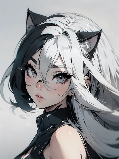 High quality, one girl, close-up, black and white, monochrome, cat ears, white eyes, white hair