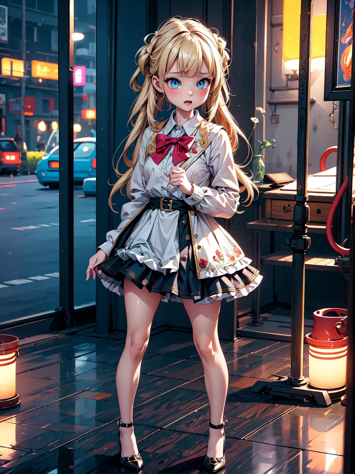 a beautiful blonde girl in a rich 3D 2D scene, wearing a skirt, stockings, and high heels, with a poisonous expression, highly detailed, cinematic lighting, vibrant colors, photorealistic, masterpiece, 8k, (best quality,4k,8k,highres,masterpiece:1.2),ultra-detailed,(realistic,photorealistic,photo-realistic:1.37),HDR,UHD,studio lighting,ultra-fine painting,sharp focus,physically-based rendering,extreme detail description,professional,vivid colors,bokeh.