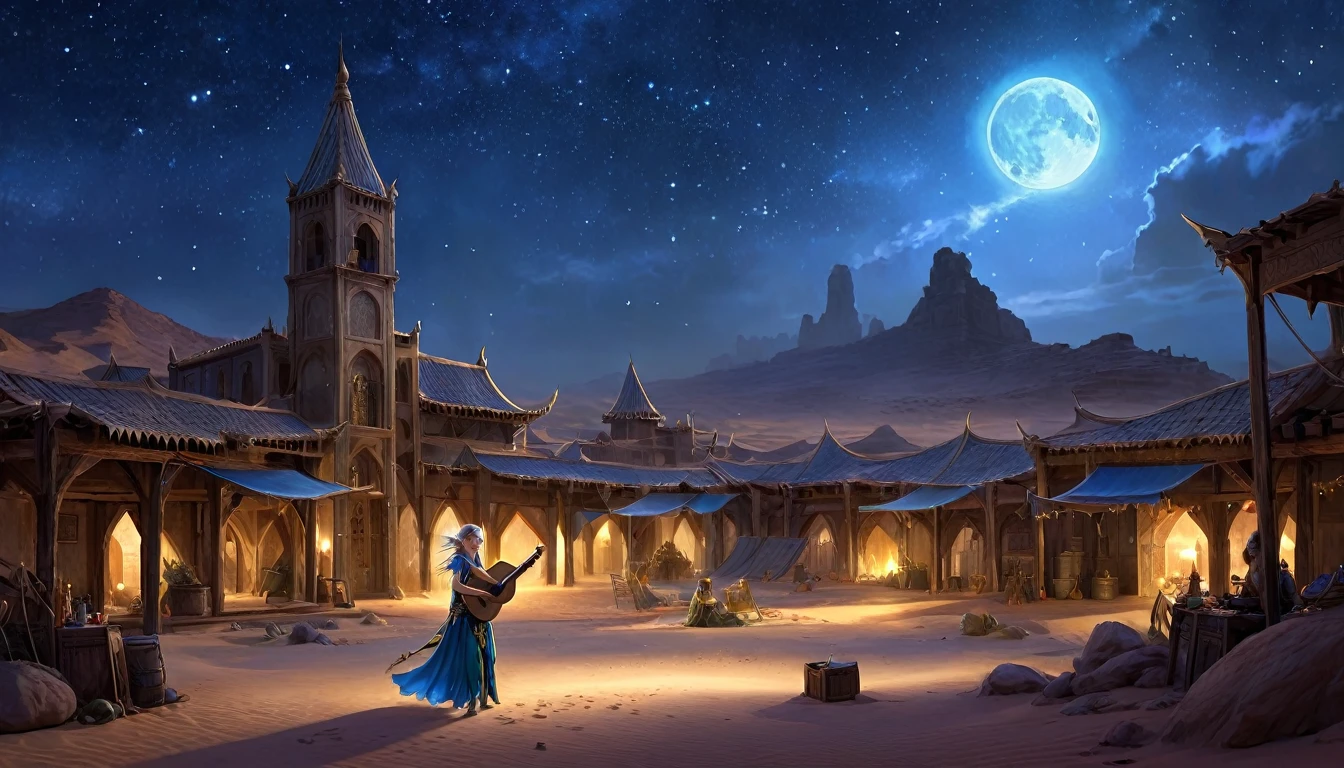 Fantasy art,
 The desert glows blue at night、The mysteriously shining starry sky、Reminiscent of the end of the world、A female elf bard plays the lute in the center、Wide Shot, Realistic, Epic shots, Detailed Buildings, Detailed digital art of a female elf