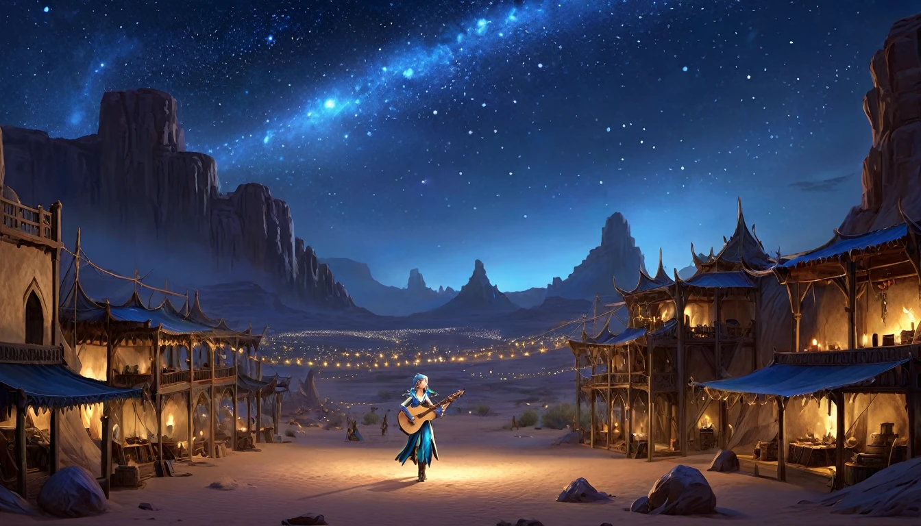 Fantasy art,
 The desert glows blue at night、The mysteriously shining starry sky、Reminiscent of the end of the world、A female elf bard plays the lute in the center、Wide Shot, Realistic, Epic shots, Detailed Buildings, Detailed digital art of a female elf