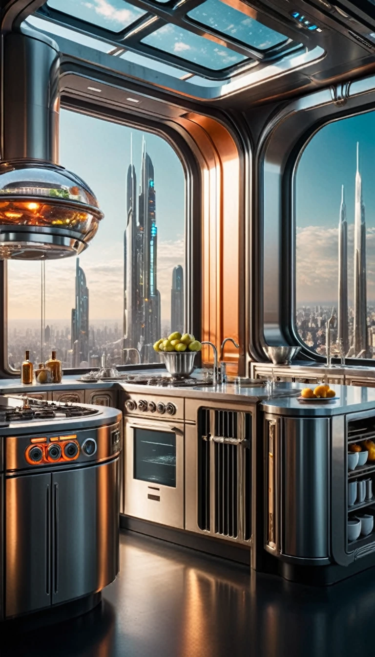 (Space Opera Sci-Fi Style:1.3) Cityscape Photography (Futuristic high-tech kitchen:1.1), afternoon, sunny.
(Exquisite and sharp details:1.5), Ultra-high resolution, Vibrant colors