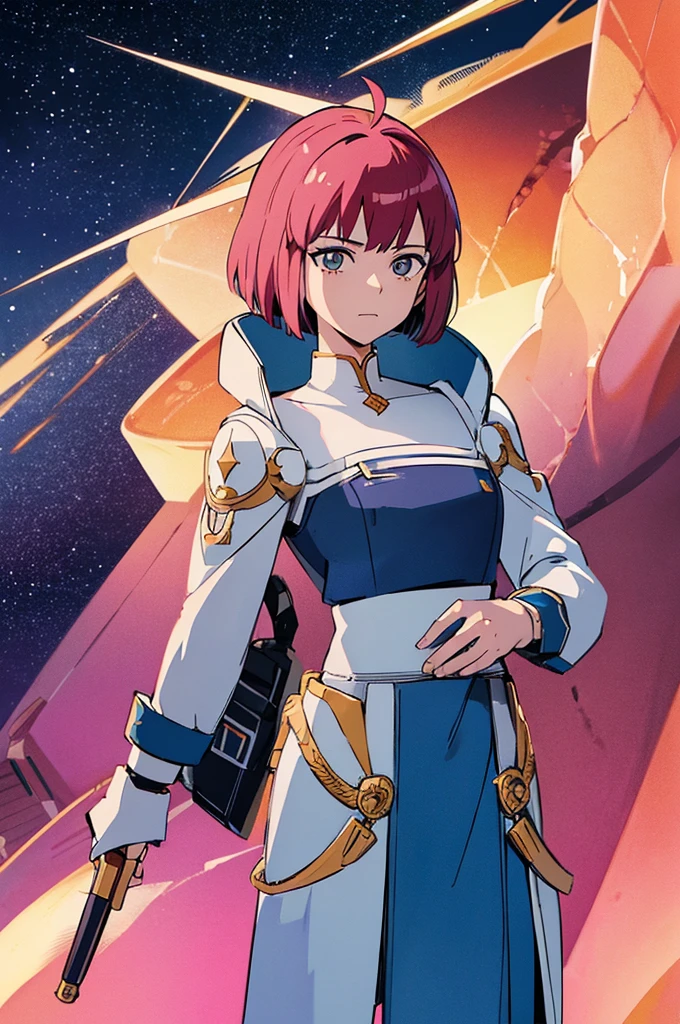 la plus haute qualité, chef-d&#39;œuvre, haute résolution, seul, （Haman Khan），（Mobile Suit ZGundam），（à Zéon_uniforme），（Noir‗Manteau），（rose_couleur de cheveux），Gundam，Cybèle，（Entonnoir）、coupe de cheveux au carré，Frange‗Coiffure，jeune fille，ciel étoilé_arrière-plan，Style animé, la plus haute qualité, 4k, chef-d&#39;œuvre,， seul, 1,tout le corps，en regardant la caméra, À la manière de Shinkai Makoto, Des yeux perçants，（doigt plein）, （Bout des doigts précis）, （Les détails les plus fins）, （Anatomiquement correct）, (映画のarrière-plan), Hyper détail, (Des détails subtils), (détails complexes),