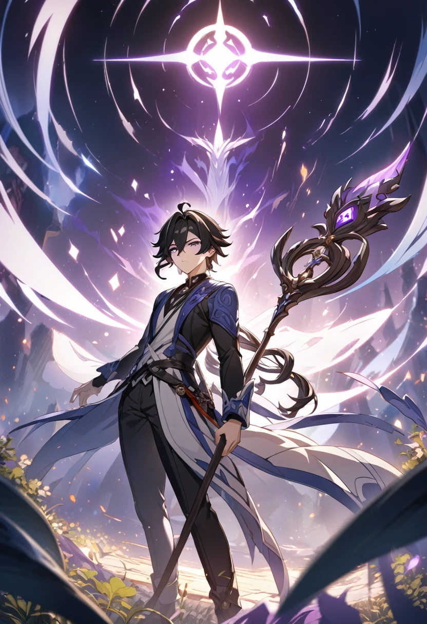 ((solo)), purple eyes, black hair, short messy hair,curly, a close up of a person with a magic staff  in a field of magic, spirit in the back, summoner, detailed key anime art, honkai star trail character, casimir art, masamune shiro, masamune, handsome guy in demon slayer art, genshin, heise jinyao, shadowverse style, (no logos), magical, spirit manifestation powers, aura, detailed clothes, depth of field, cinematic lighting, ray tracing, UHD, high details, best quality, highres, high quality, award winning, super detail, masterpiece, 8k
