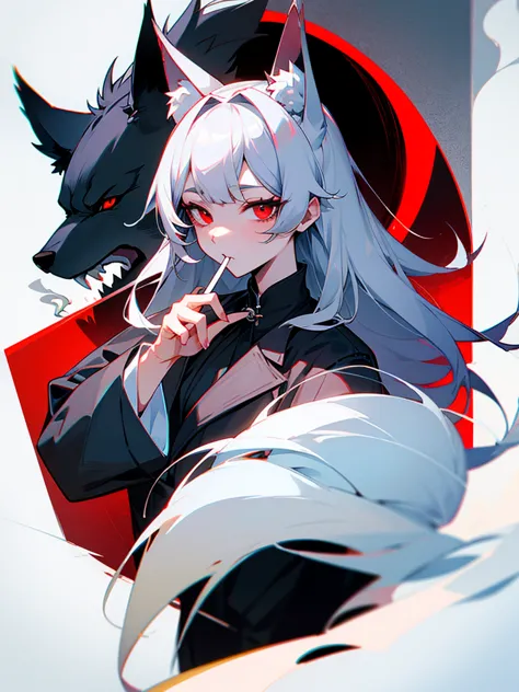 Anthropomorphic silver wolf smoking a cigarette。Her cheeks turned red、The eyes were hollow。Apparently he&#39;s drunk。In a dimly ...