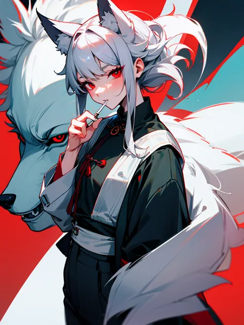 anthropomorphic silver wolf smoking a cigarette。her cheeks turned red、the eyes were hollow。apparently he&#39;s drunk。in a dimly ...