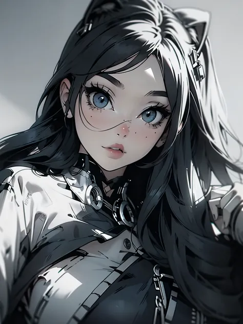 High quality, one girl, close-up, black and white, monochrome, manga