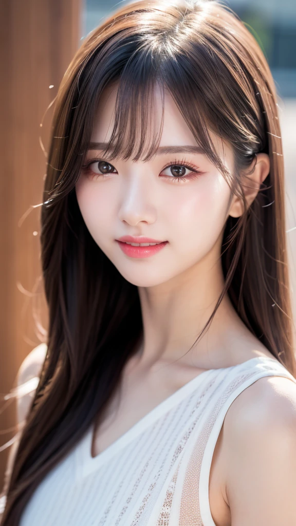 High resolution, Medium Hair,Natural color lip, smile,20-year-old girl、cute、Perfect beautiful face and fingers,Blur the background、Physiologically correct body、Beautifully detailed face、Perfect and beautiful double eyelids、Small face、Stock trading background