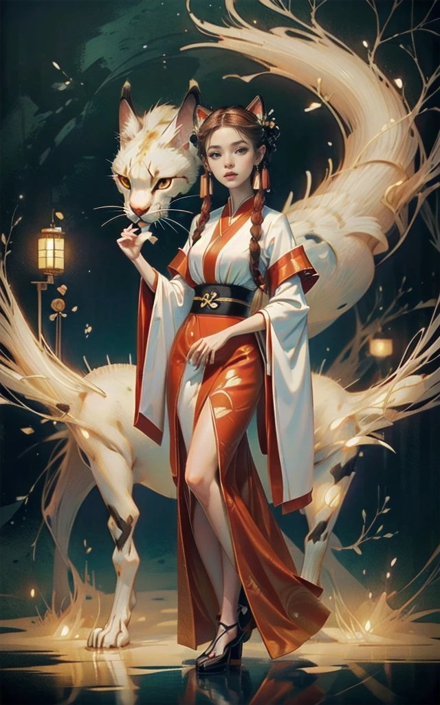 ((Masterpiece)),(Best Quality), (Cinematic),(Extremely detailed CG Unity 8k wallpaper),1girl, fit,Delicious company,revealing clothes, intricate outfit,fit, small breasts,very long red hair,big cat eyes,one Stunning hanfu cat girl with a beautifully designed fine and perfectly fitting white with red paint bakeneko/nekomata noh-theatre mask in one hand. she is dancing in front of plain graphic japanese background. her hands are very graceful presenting a fan. She wears tight-fitting hanfu clothing with georgeous patterns and also transparent flowing fabric. cat ear, vampy fang,cateyes, white devon rex cat, eine Ganzkörperaufnahme, die Tradition und Moderne verbindet 