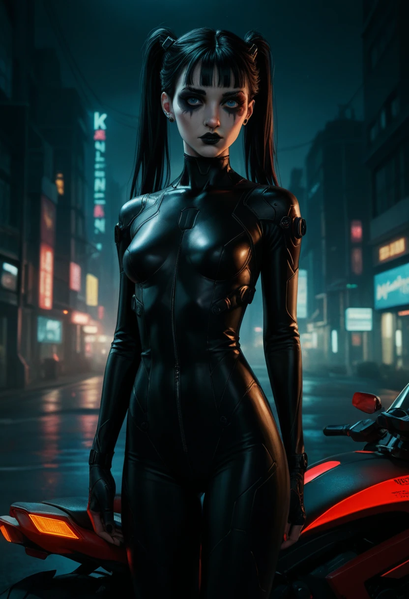 score_9, score_8_up, score_7_up, score_6_up, source_anime, masterpiece, newest,
1 girl, solo, skinny, bodysuit, grinning, Colored eyelashes, cyberpunk, at night, motorbike, futuristic, black hair, twin tails, piercings goth makeup, dark background. (Black:0.5), faded