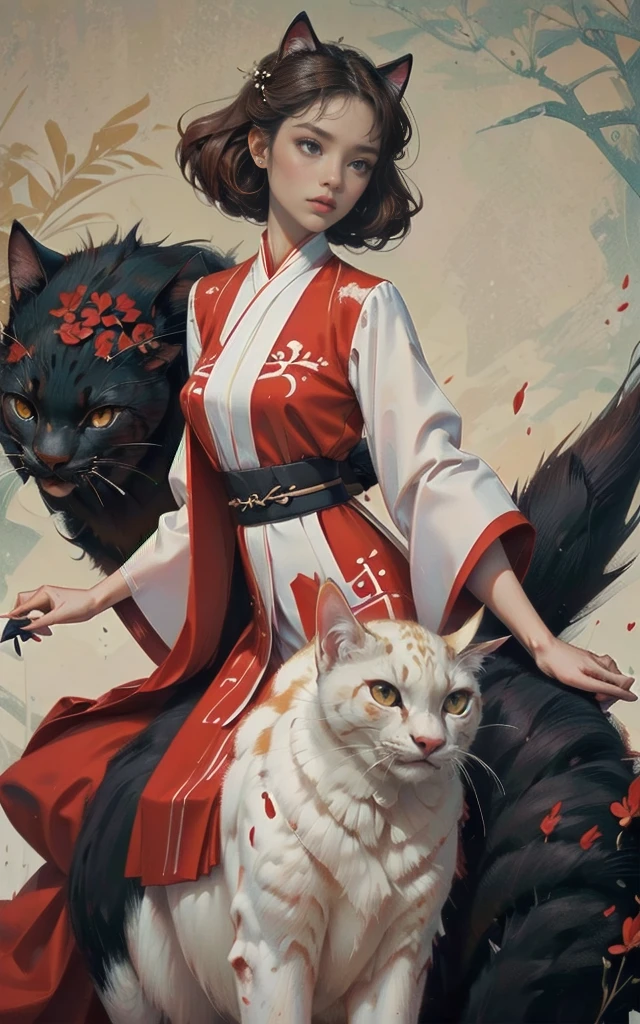 ((Masterpiece)),(Best Quality), (Cinematic),(Extremely detailed CG Unity 8k wallpaper),1girl, fit,Delicious company,revealing clothes, intricate outfit,fit, small breasts,very long red hair,big cat eyes,one Stunning hanfu cat girl with a beautifully designed fine and perfectly fitting white with red paint bakeneko/nekomata noh-theatre mask in one hand. she is dancing in front of plain graphic japanese background. her hands are very graceful presenting a fan. She wears tight-fitting hanfu clothing with georgeous patterns and also transparent flowing fabric. cat ear, vampy fang,cateyes, white devon rex cat, eine Ganzkörperaufnahme, die Tradition und Moderne verbindet 