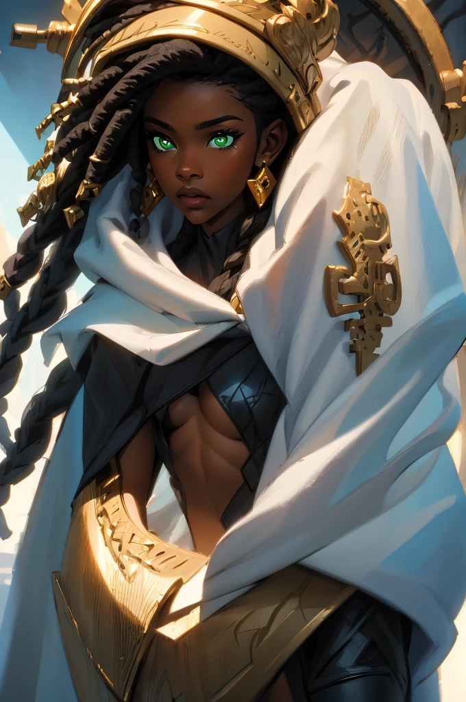 (Best quality, Masterpiece:1.2), Ultra detailed, 1girll, Black skin，negroid，Dirty braids，Green eyes，Gold earrings，White hood，nabel