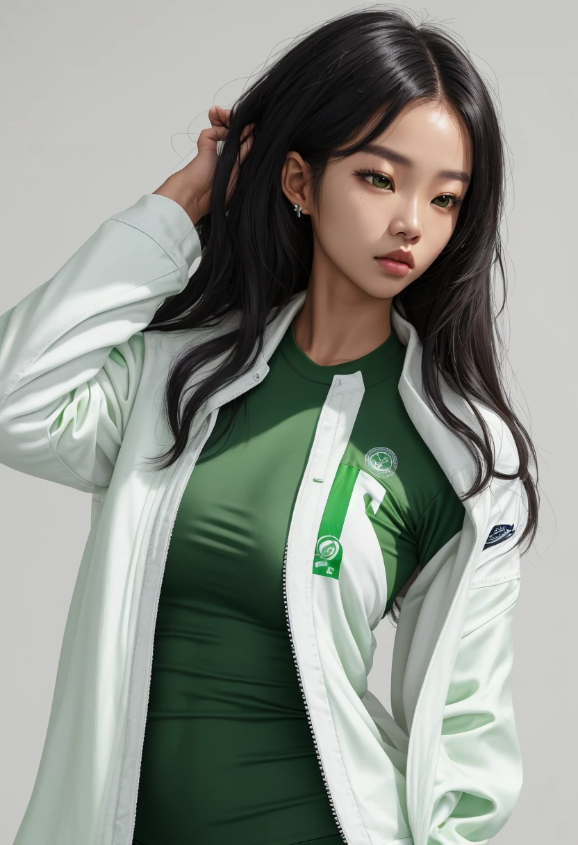 A mixed race model with Nigerian and Korean heritage,  wearing white cycling sports under a green silk belt.  Green denim jacket, tight white t-shirt 