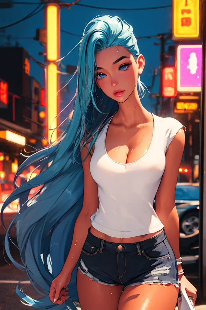 (best quality: 1.2), clean face, (masterpiece: 1.2, 8k)(PureErosFace_V1: 0.7), perfect anatomy, 1girl,a beautiful fashion model ,(masterpiece, official art, best quality) (wet skin, shiny skin) ,long and shiny hair, blue hair with streaks in hair, long hair, full lips, upturned nose , big breasts, looking at viewer, revealing outfit, absurdity, intricate details, city, dynamic pose, night, neon signs, cinematic lighting, (highly detailed skin: 1.2), wearing
 short shorts and a tight white top, cleavage, torn clothes