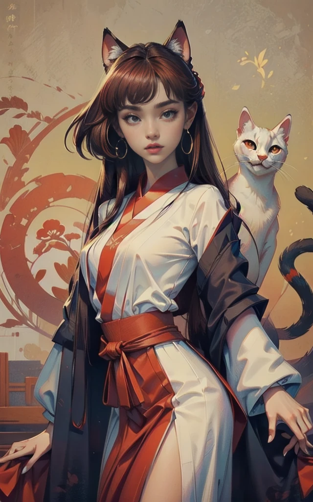 ((Masterpiece)),(Best Quality), (Cinematic),(Extremely detailed CG Unity 8k wallpaper),1girl, fit,Delicious company,revealing clothes, intricate outfit,fit, small breasts,very long red hair,big cat eyes,one Stunning hanfu cat girl with a beautifully designed fine and perfectly fitting white with red paint bakeneko/nekomata noh-theatre mask in one hand. she is dancing in front of plain graphic japanese background. her hands are very graceful presenting a fan. She wears tight-fitting hanfu clothing with georgeous patterns and also transparent flowing fabric. cat ear, vampy fang,cateyes, white devon rex cat, eine Ganzkörperaufnahme, die Tradition und Moderne verbindet 