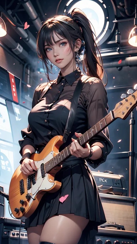((masterpiece, Highest quality))One girl, alone, Black Dress, blue eyes, electric guitar, guitar, Headphones, Double Ponytail, H...