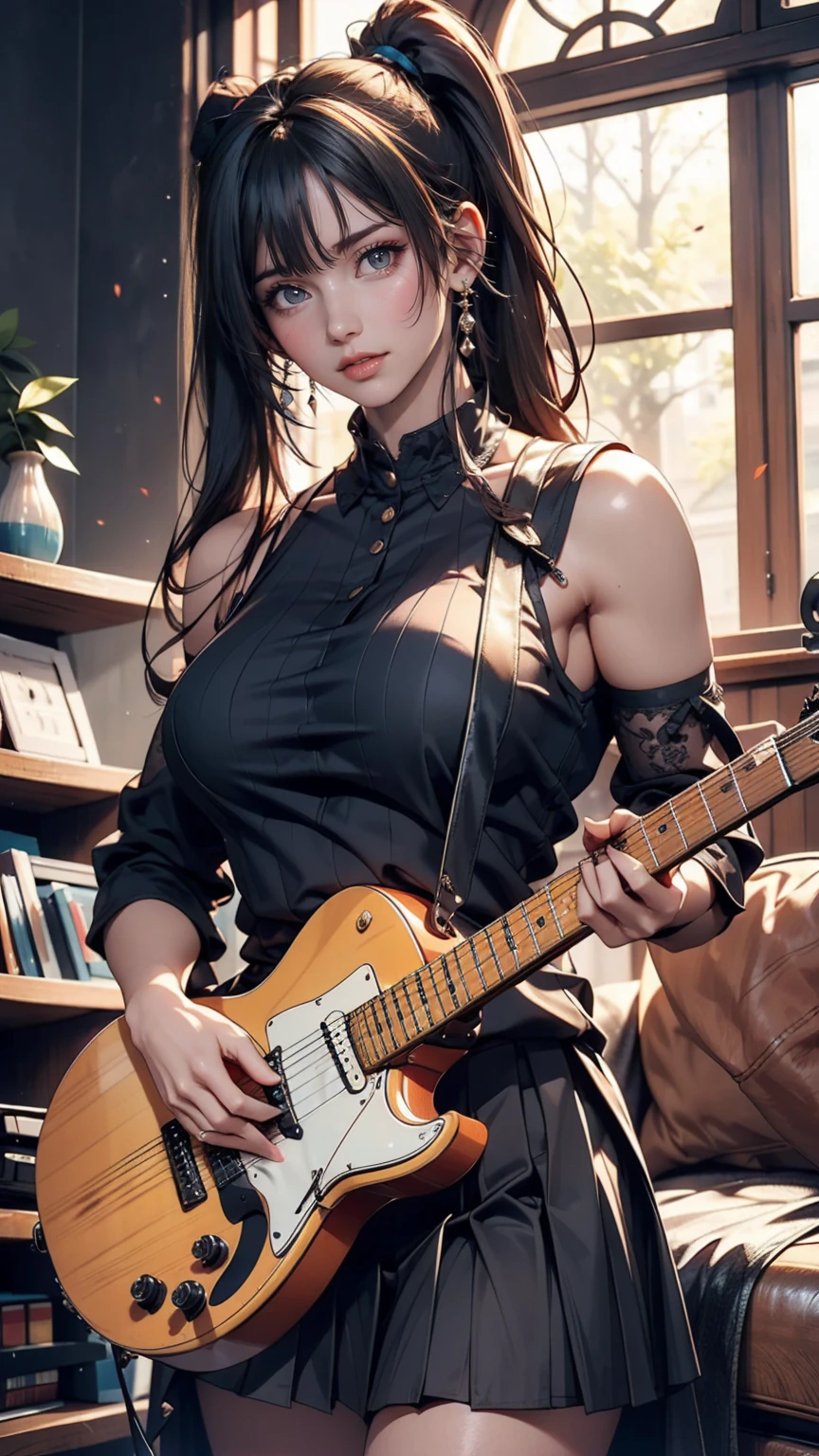 ((masterpiece, Highest quality))One girl, alone, Black Dress, blue eyes, electric guitar, guitar, Headphones, Double Ponytail, Holding, Holding plectrum, musical instrument, Long Hair, music, One side up, Turquoise Hair, Twin tails, guitarを弾く, Pleated skirt, Black Shirt, interior、Sexy proportions、Long eyelashes、eye shadow、lipstick、Sexy、erotic、Narrow waist