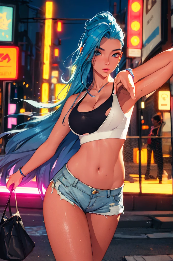 (best quality: 1.2), clean face, (masterpiece: 1.2, 8k)(PureErosFace_V1: 0.7), perfect anatomy, 1girl,a beautiful fashion model ,(masterpiece, official art, best quality) (wet skin, shiny skin) ,long and shiny hair, blue hair with streaks in hair, long hair, full lips, upturned nose , big breasts, looking at viewer, revealing outfit, absurdity, intricate details, city, dynamic pose, night, neon signs, cinematic lighting, (highly detailed skin: 1.2), wearing
 short shorts and a tight white top, cleavage, torn clothes