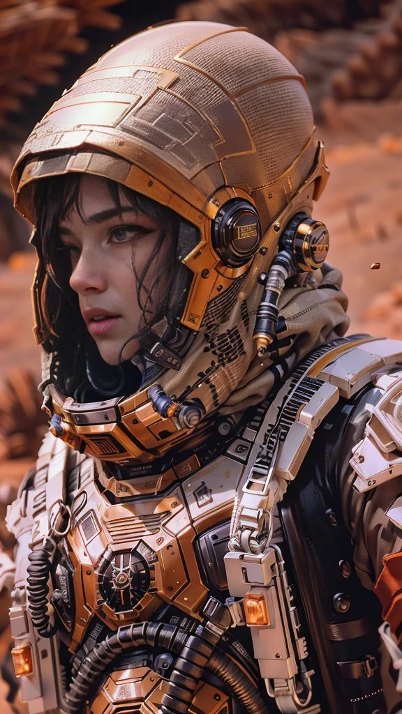 a man in a space suit standing in the desert, afrofuturism, 8k detail, wearing sci-fi cloak with hood, anfas portrait of a mech warrior, 8k octane render photo, retrofuturistic female android, red desert mars, detailed armor with white scarf, shading unreal engine 5, cinematic lighting, volumetric fog, photorealistic, chiaroscuro, dramatic composition, intricate details, hyper realistic, hyper detailed, high contrast, depth of field, ambient occlusion, subsurface scattering, ray tracing, physically based rendering, advanced cinematic post-processing