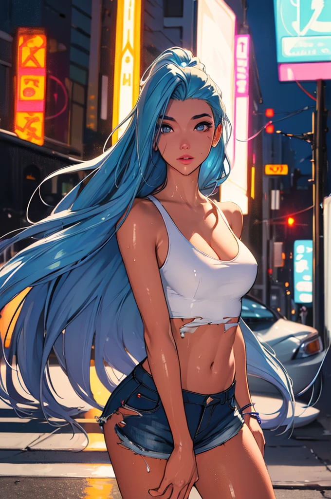 (best quality: 1.2), clean face, (masterpiece: 1.2, 8k)(PureErosFace_V1: 0.7), perfect anatomy, 1girl,a beautiful fashion model ,(masterpiece, official art, best quality) (wet skin, shiny skin) ,long and shiny hair, blue hair with streaks in hair, long hair, full lips, upturned nose , big breasts, looking at viewer, revealing outfit, absurdity, intricate details, city, dynamic pose, night, neon signs, cinematic lighting, (highly detailed skin: 1.2), wearing
 short shorts and a tight white top, cleavage, torn clothes