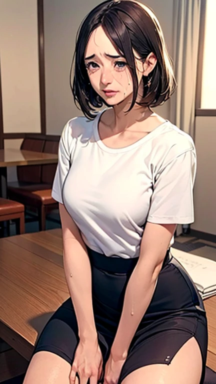 1 Woman, Japanese Woman,(Housewife:1.5),(40 Years Old:1.68),(Attractive Mature Woman:1.66),(Middle Age:1.78),(Small Round Face:1,69),(small breasts:1.5),((graduated haircut)),Casual, simple blouse,V-neckline,knee-length skirt, blouse in bright colors,pastel shades,(((cafe interior,in room))),(Pressing the crotch with the hand on the skirt:1.72),(aroused:1.58),(tears:1.20),(shy:1.50)