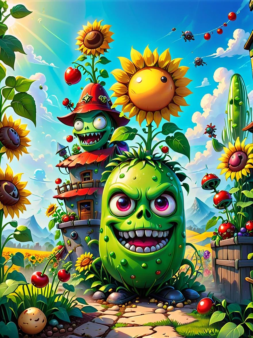 extremely detailed fantasy world,various strange plants and zombies,pea shooter,potato mine,sunflower,cherry bomb,chomper,gatling pea,flag zombie,plants vs zombies game screen image,strategy tower defense game,diverse colorful plants and zombies,vivid colors,bright and cheerful mood,cartoon-style,detailed backgrounds,quirky and bizarre characters,physically-based rendering,sharp focus, immersive gaming scene,bokeh,wide landscape view,playful and whimsical design, (best quality, 8k, highres,masterpiece),ultra-detailed,