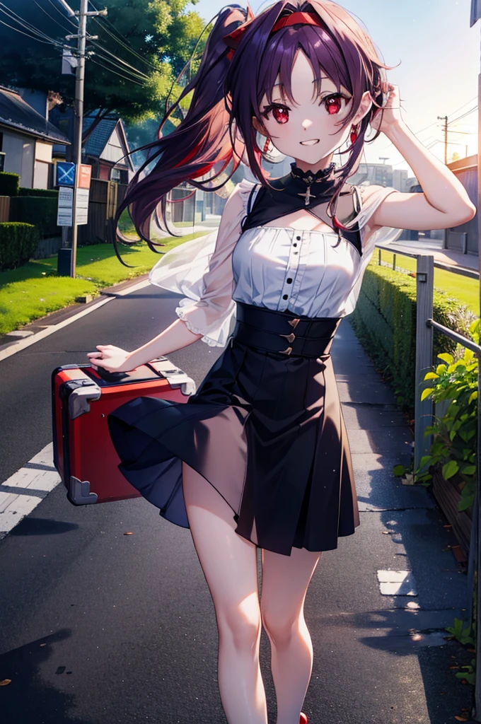 yuukikonno, Konno Yuuki, hair band, Long Hair, Pointed Ears, Purple Hair, (Red eyes:1.5), (Small breasts:1.2),Side Ponytail,smile,Grin,Purple sleeveless dress、Cute Sandals,Put your right hand on your hip,Push-type suitcase,Are standing,Daytime,whole bodyがイラストに入るように, 　　　　　break looking at viewer, whole body,  　　　　　　　　　　　　　　　　　　　break outdoors,countryside, Residential Street,In town,　　　　　　　　　　　　break (masterpiece:1.2), Highest quality, High resolution, unity 8k wallpaper, (figure:0.8), (Detailed and beautiful eyes:1.6), Highly detailed face, Perfect lighting, Extremely detailed CG, (Perfect hands, Perfect Anatomy),チックなmorning日,morning,Extreme light，　　　　　　　　　　