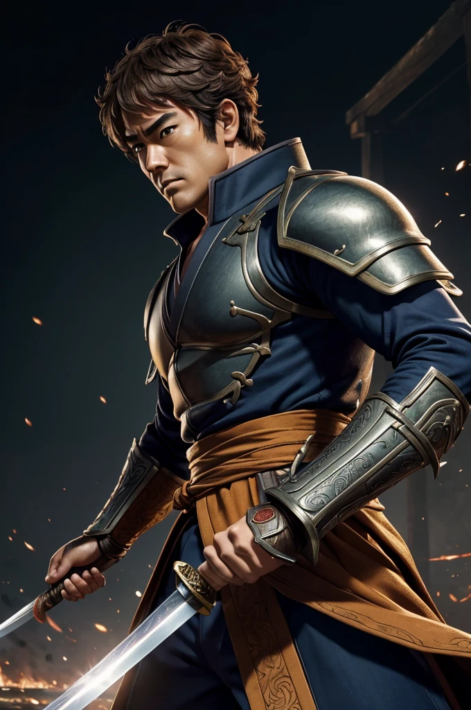 Highest quality，High resolution，((Masayoshi Son)) ，Kenshiro，Fist of the North Star，samurai，One person，bald，armor，（dark blue_coat），male，One personで，Middle Age，（face_Wrinkles），Swordsman，strongest，Anime Style，(Limbs)，(Full Finger)，(Accurate fingertips), (The finer details), (Super detailed)，(Japanese sword:)，4K，(high resolution)，whole body, (Front angle), Looking at the camera,masterpiece，(Subtle details)，(Intricate details)，Octane Rendering，(Hyper Detail)，